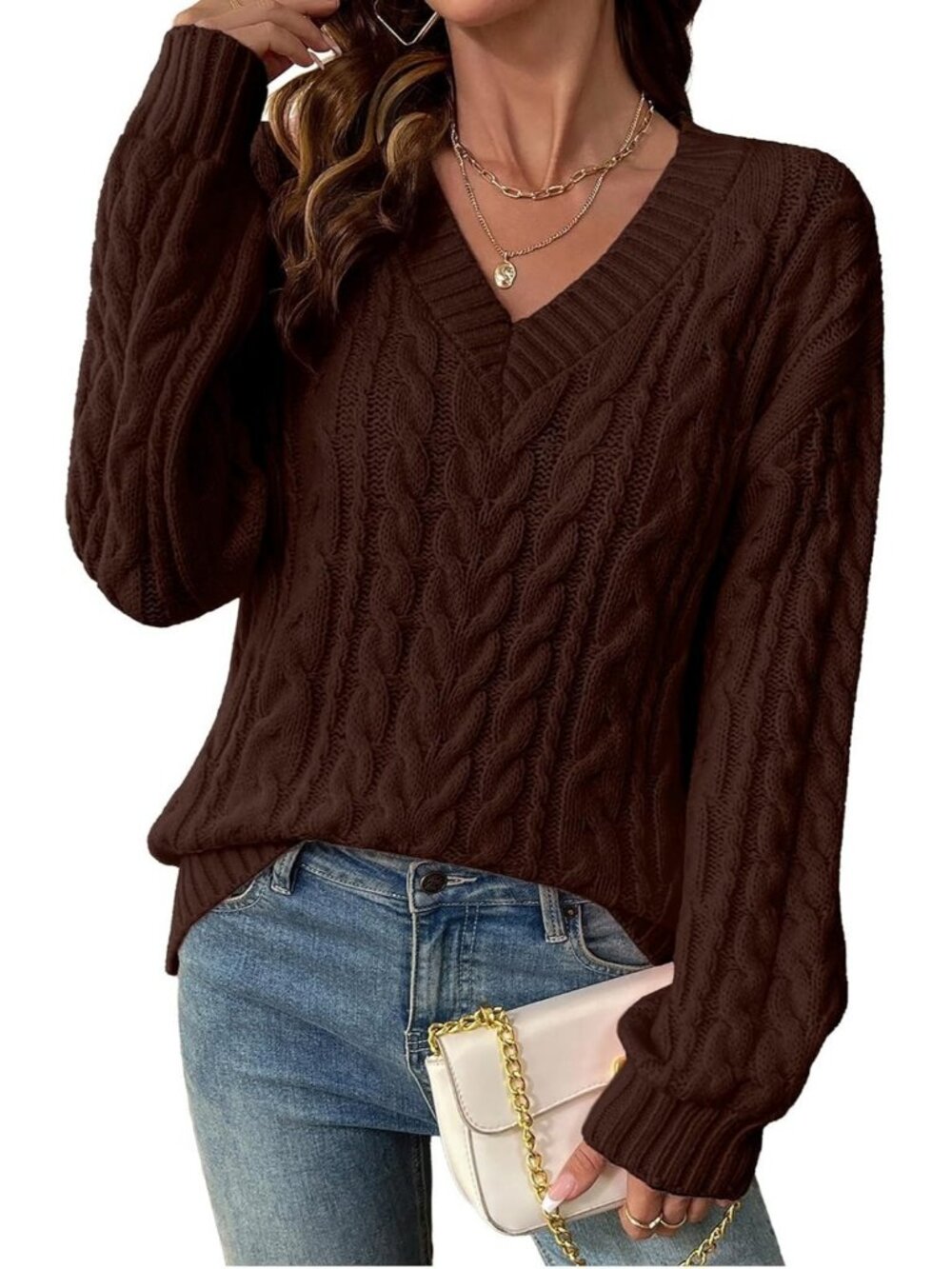 Women's Dark Brown Lightweight V Neck Cable Knit Sweater Fall Outfits Sweaters